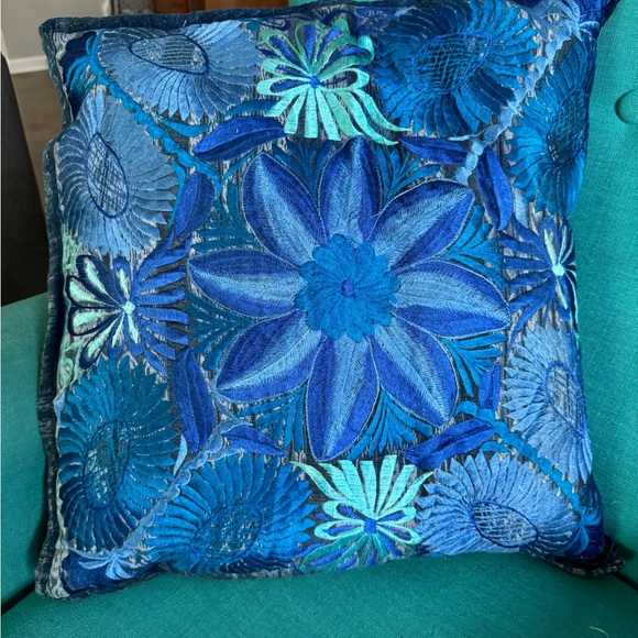 Vintage Blue Silk Embroidered Floral Accent Pillow - Picture 6 of 6